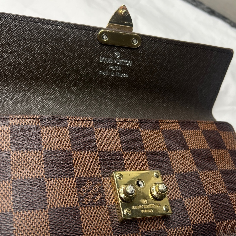 Brown Checkered Clutch Wallet with Goldtone Hardware 7.5” x 4” - Picture 4 of 12